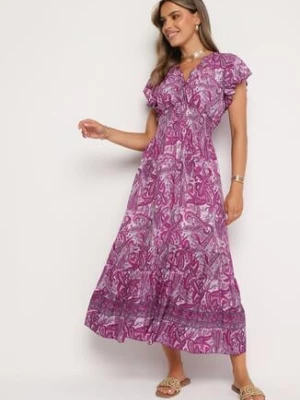Fioletowa Rozkloszowana Kopertowa Sukienka z Bawełny o Wzorze Paisley z Gumką w Talii Zonne