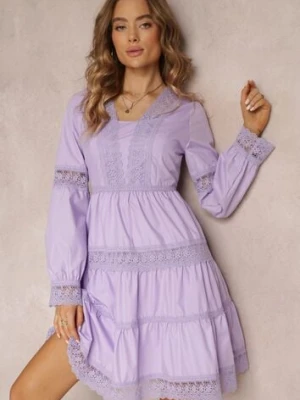 Fioletowa Rozkloszowana Sukienka Mini z Ozdobnym Dekoltem z Koronką Eudovana elsa.m by may