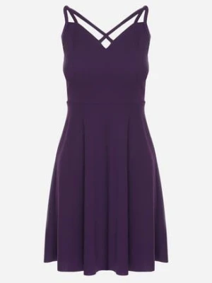 Fioletowa Rozkloszowana Sukienka z Ozdobnymi Paskami Redaina