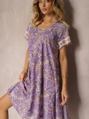Fioletowa Sukienka Boho z Wiskozy z Cienkim Paskiem w Talii Rivasea