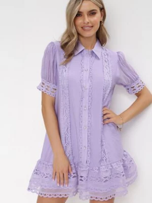 Fioletowa Koszulowa Sukienka Mini z Koronką i Perłowymi Guzikami Isira