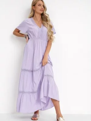 Fioletowa Sukienka Maxi z Gumką w Talii i Koronkowymi Lamówkami Kelbie