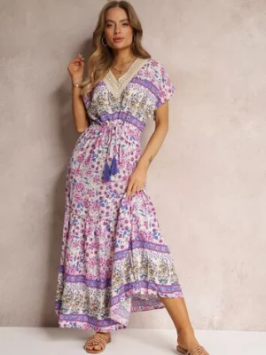 Fioletowa Sukienka Maxi ze Sznurkiem w Talii i Koronkową Wstawką przy Dekolcie Mererid