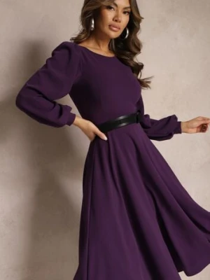 Fioletowa Sukienka Midi o Rozkloszowanym Fasonie z Bufiastymi Rękawami Amatya messaya