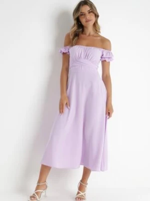 Fioletowa Sukienka Midi z Dekoltem Carmen i Bufiastymi Rękawkami Amarhis