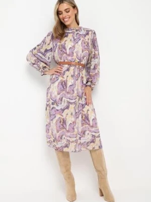 Fioletowa Sukienka Midi z Plisowanej Tkaniny z Paskiem z Klamerką Siaha unigirl