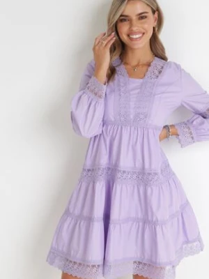 Fioletowa Sukienka Mini z Koronkowymi Wstawkami i Rozkloszowanym Dołem Femona