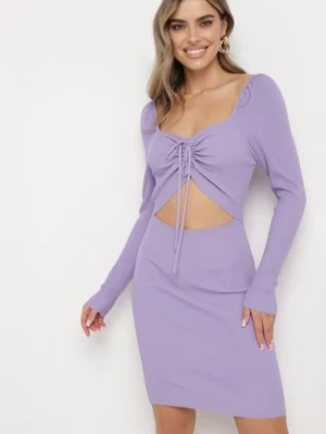 Fioletowa Sukienka Mini z Prążkowanego Materiału z Wycięciem i Wiązaniem Cerdosja elsa.m by may
