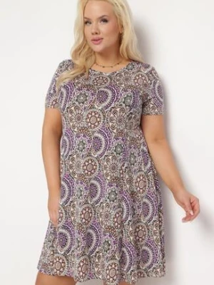 Fioletowa Sukienka Mini z Wiskozy o Rozkloszowanym Fasonie Boho Aiselle sweet&girl