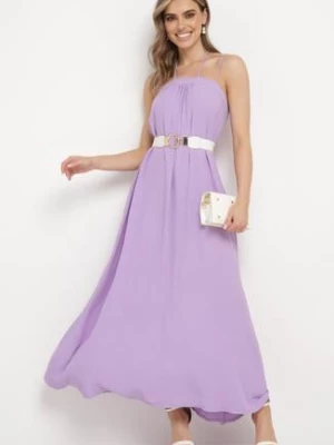 Fioletowa Sukienka na Regulowanych Ramiączkach Wiązana na Szyi Ploeliama