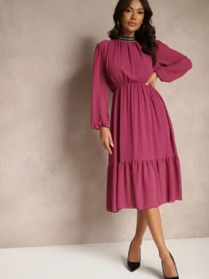 Fioletowa Sukienka z Aplikacjami na Stójce i z Gumką w Talii Lilora lovery