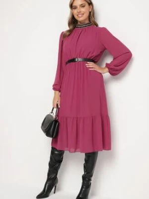 Fioletowa Sukienka z Gumką w Talii Ozdobiona Aplikacjami przy Dekolcie Lilirae lovery