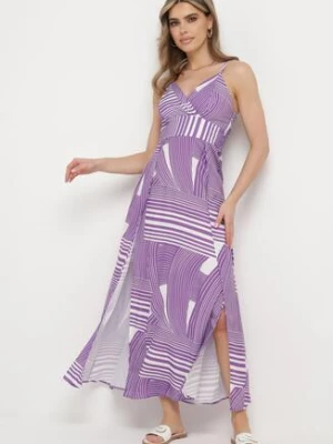 Fioletowa Sukienka z Kopertowym Dekoltem na Regulowanych Ramiączkach z Rozcięciami Jatila