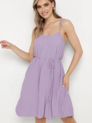 Fioletowa Sukienka z Regulowanymi Ramiączkami z Materiałowym Paskiem Liata Fashion