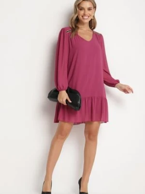 Fioletowa Sukienka z Wiskozą o Prostym Kroju z Bufiastymi Rękawami i Falbanką u Dołu Ilila