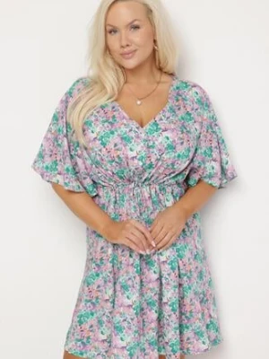 Fioletowa Sukienka z Wiskozy Ściągana w Talii w Kwiaty Liranette melya by melody