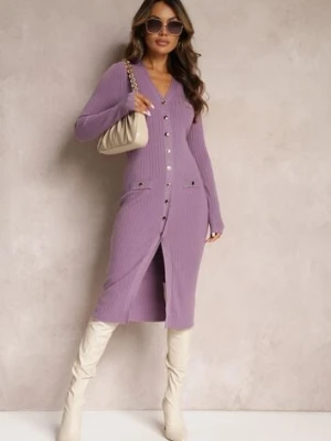 Fioletowa Sweterkowa Sukienka Midi Ehedga