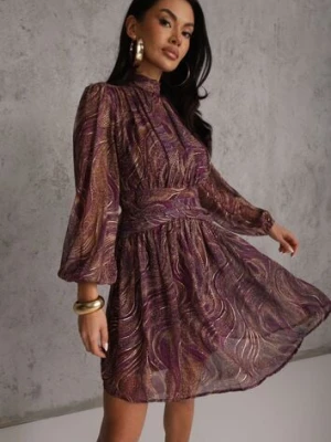 Fioletowa Taliowana Sukienka o Rozkloszowanym Kroju z Prześwitującymi Rękawami i Stójką Relabia retro & icone
