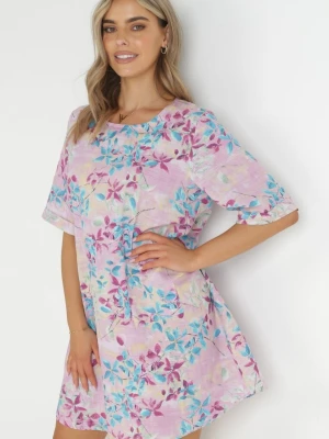 Fioletowa Trapezowa Sukienka Mini z Wiskozy w Kwiaty Donnia Bludeise