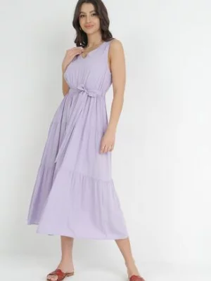 Fioletowa Wiskozowa Sukienka Midi z Gumką w Pasie i Materiałowym Paskiem Bicuh