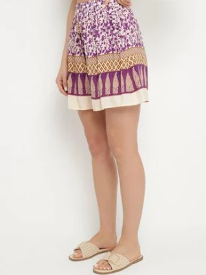 Fioletowe Bawełniane Szorty z Wysokim Stanem w Kwiaty Kolessa defox