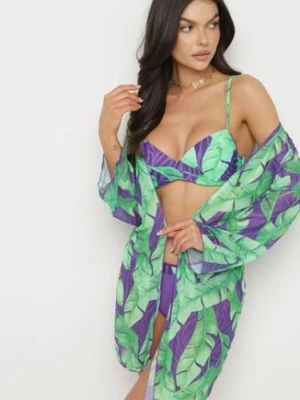 Fioletowe Bikini Biustonosz Majtki Typu Figi i Siateczkowa Narzutka w Liście Folarine