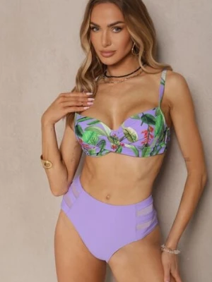 Fioletowe Bikini Biustonosz w Liście i Majtki Figi z Siateczkowymi Wstawkami Kinalea