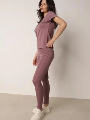 Fioletowe Legginsy w Stylu Basic z Wyszczuplającym Pasem Samertes glo-story