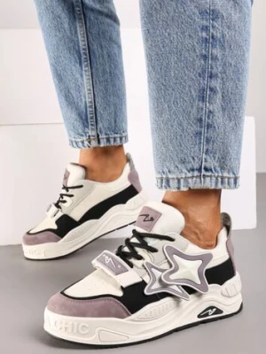 Beżowo-Fioletowe Sneakersy na Platformie z Grubymi Sznurowadłami i Zapięciem na Rzep Arlaia