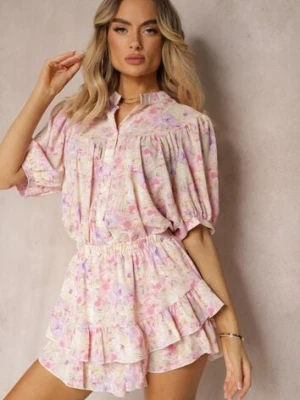 Fioletowe Spódnico-Szorty High Waist z Gumką w Pasie i Falbanką Gleiana retro & icone