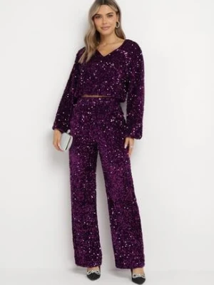 Fioletowe Szerokie Spodnie Welurowe w Cekiny Mokkia retro & icone