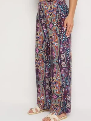 Fioletowe Szerokie Spodnie z Wiskozy z Wysokim Stanem Etnicznym Wzorem i Gumką w Talii Vimarella r&f fashion