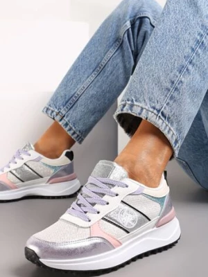 Biało-Srebrne Sznurowane Sneakersy z Brokatem i Siateczką na Grubej Podeszwie Leviria