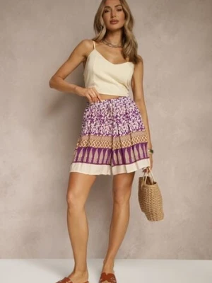 Fioletowe Szorty z Bawełny High Waist Ozdobione Kwiatami Kolirea