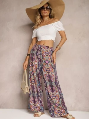 Fioletowe Wiskozowe Spodnie High Waist o Szerokim Kroju z Gumką w Talii Vimashia r&f fashion