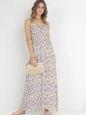 Fioletowo-Biała Bawełniana Sukienka Maxi na Regulowanych Ramiączkach w Kwiaty Kaidena
