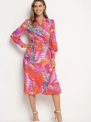 Fioletowo-Pomarańczowa Kopertowa Sukienka z Rozkloszowanym Dołem Wiązana Paskiem Ehope retro & icone