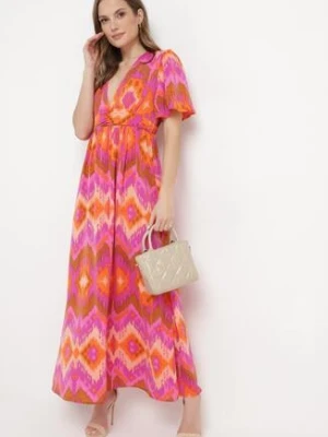 Fioletowo-Pomarańczowa Sukienka Rozkloszowana z Trójkątnym Dekoltem w Abstrakcyjny Wzór Valmana retro & icone