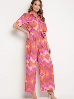 Fioletowo-Pomarańczowy Długi Kombinezon Koszulowy z Wiązanym Paskiem i Gumką w Talii Tariony retro & icone