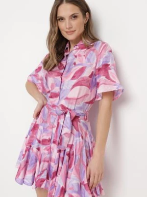 Fioletowo-Różowa Sukienka Rozkloszowana z Falbankami i Paskiem Aquamar