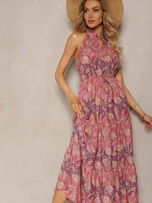 Fioletowo-Różowa Sukienka w Stylu Boho Bez Rękawów z Gumką w Pasie i Wiązaniem przy Dekolcie Yisa Sweet&girl