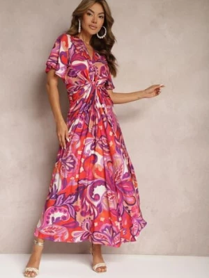 Fioletowo-Różowa Sukienka z Wiskozy o Rozkloszowanym Kroju z Ozdobnym Węzłem i Szerokimi Rękawami Janamla
