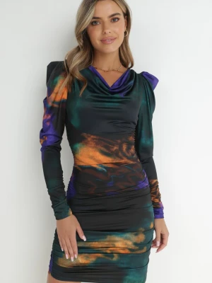 Fioletowo-Zielona Sukienka Tie-Dye z Bufiastym Rękawem Haki Allyson