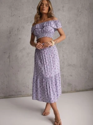 Fioletowy 2-częściowy Komplet Bawełniany z Topem i Długą Spódnicą w Kwiaty Agnda