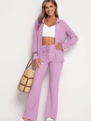 Fioletowy 2-częściowy Komplet z Koszulą i Spodniami z Tłoczonej Tkaniny Benneta