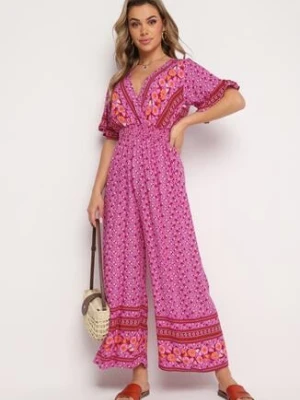 Fioletowy Bawełniany Kombinezon z Gumkami w Pasie i Kopertowym Dekoltem Zapinany z Tyłu na Guziki Lorrania defox