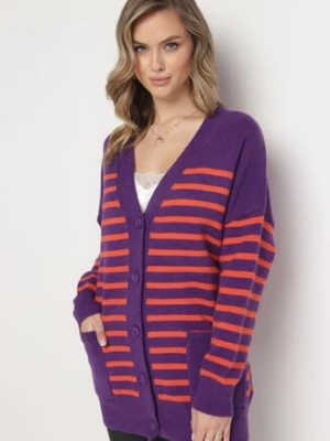 Fioletowy Długi Kardigan w Paski z Kieszeniami Fellesa m&v