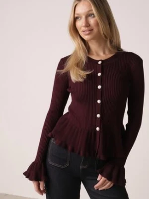 Fioletowy Elegancki Kardigan z Wiskozy z Falbankami i Guzikami z Cyrkoniami Orsea