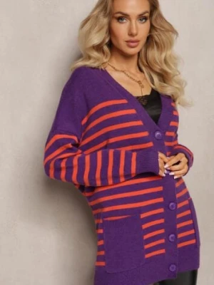 Fioletowy Kardigan w Paski o Wydłużonym Fasonie z Dekoltem V Zapinany na Guziki Ravime m&v