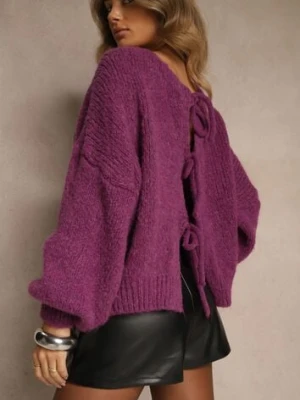 Fioletowy Kardigan z Wełną o Kroju Oversize z Wiązanymi Kokardami Elearina jumelle